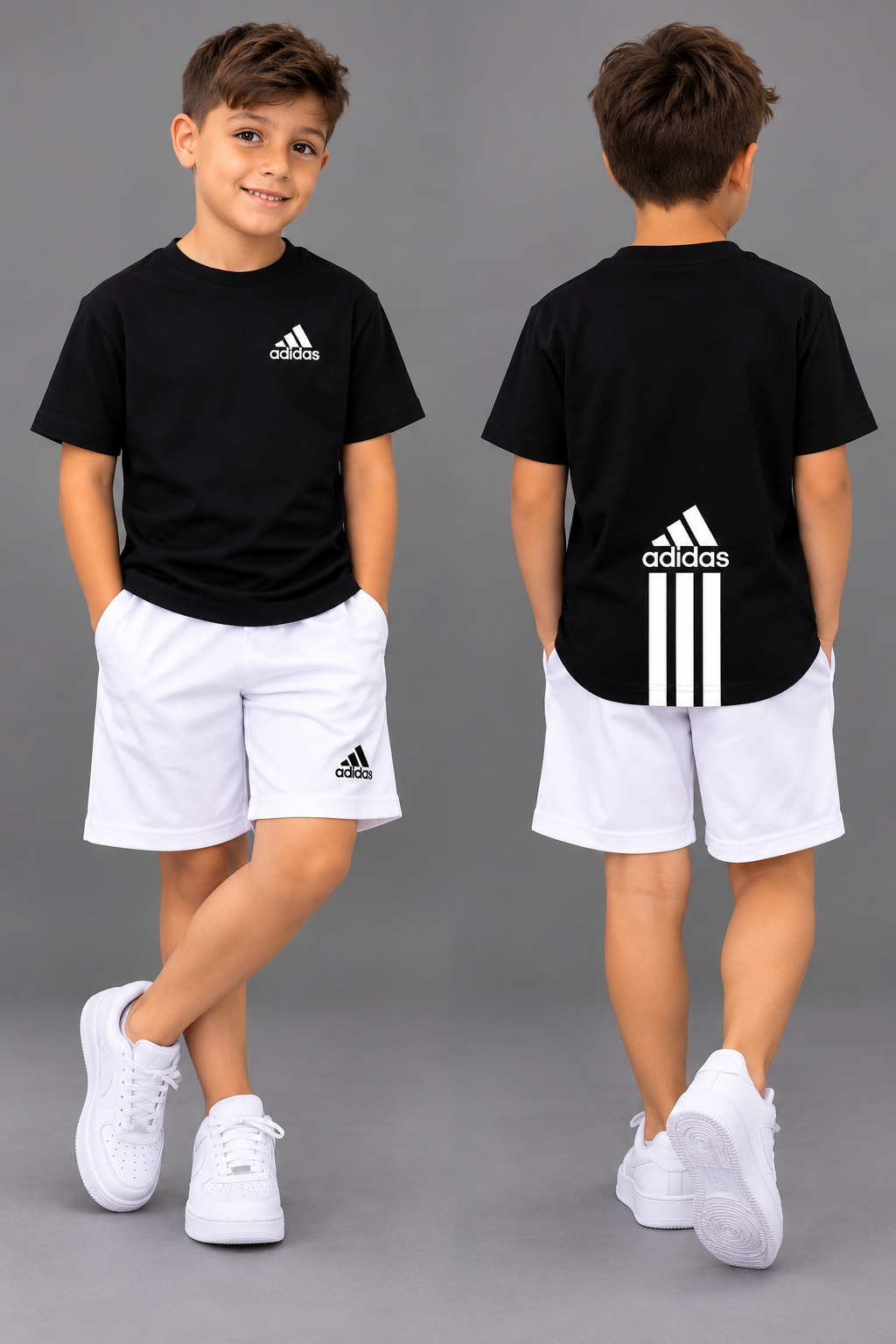 Conjunto infantil con camiseta negra de manga corta y gráfico blanco, más short blanco