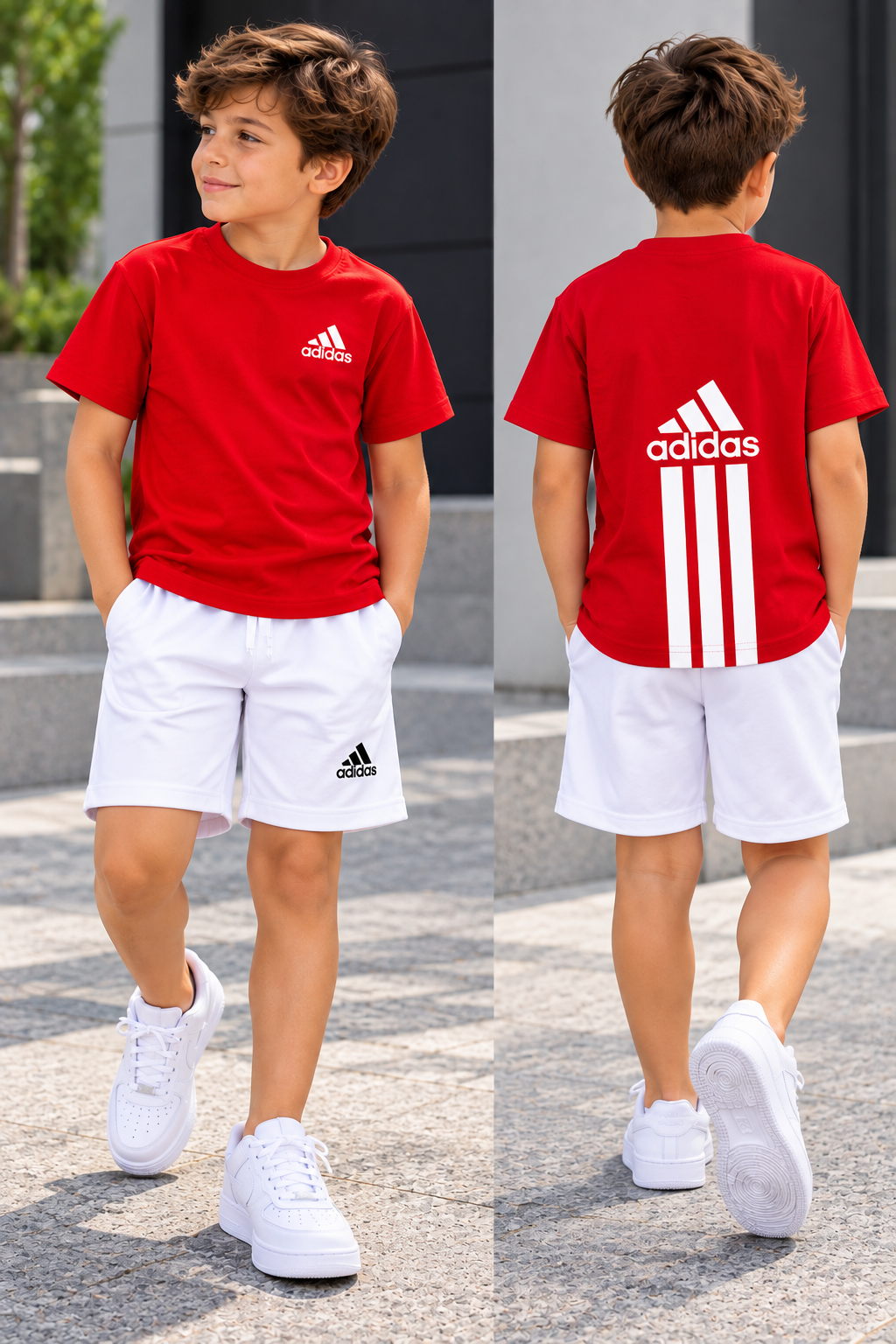 Conjunto infantil con camiseta roja de manga corta y short blanco