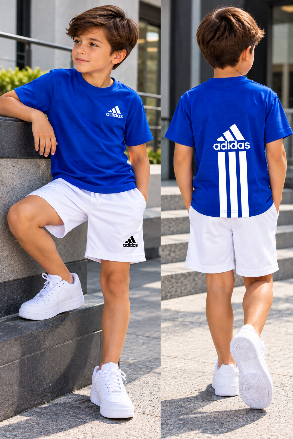Conjunto infantil con camiseta azul rey de manga corta y short blanco
