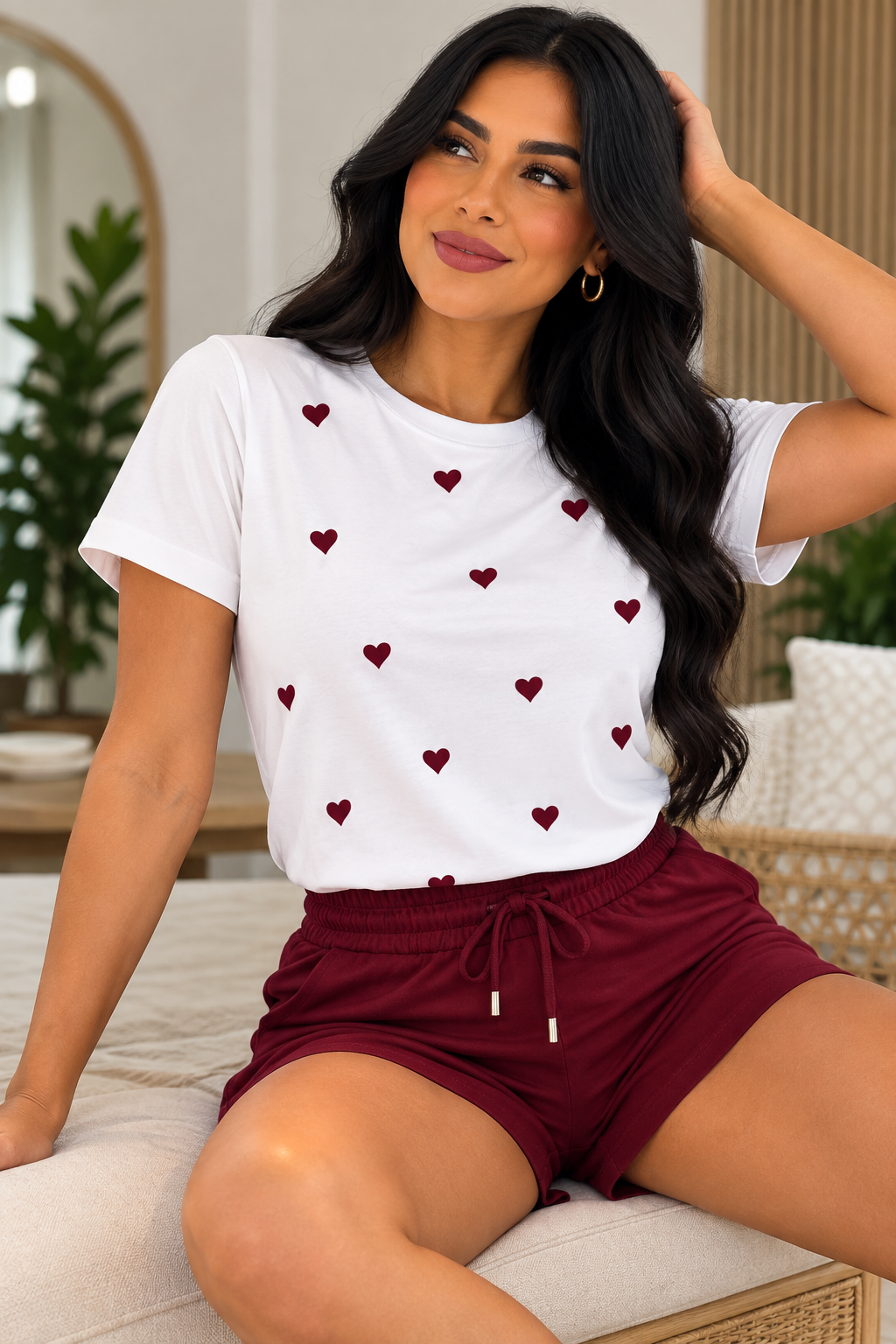 Conjunto de mujer con camiseta blanca de corazones color vino y short vino con cordón en la cintura