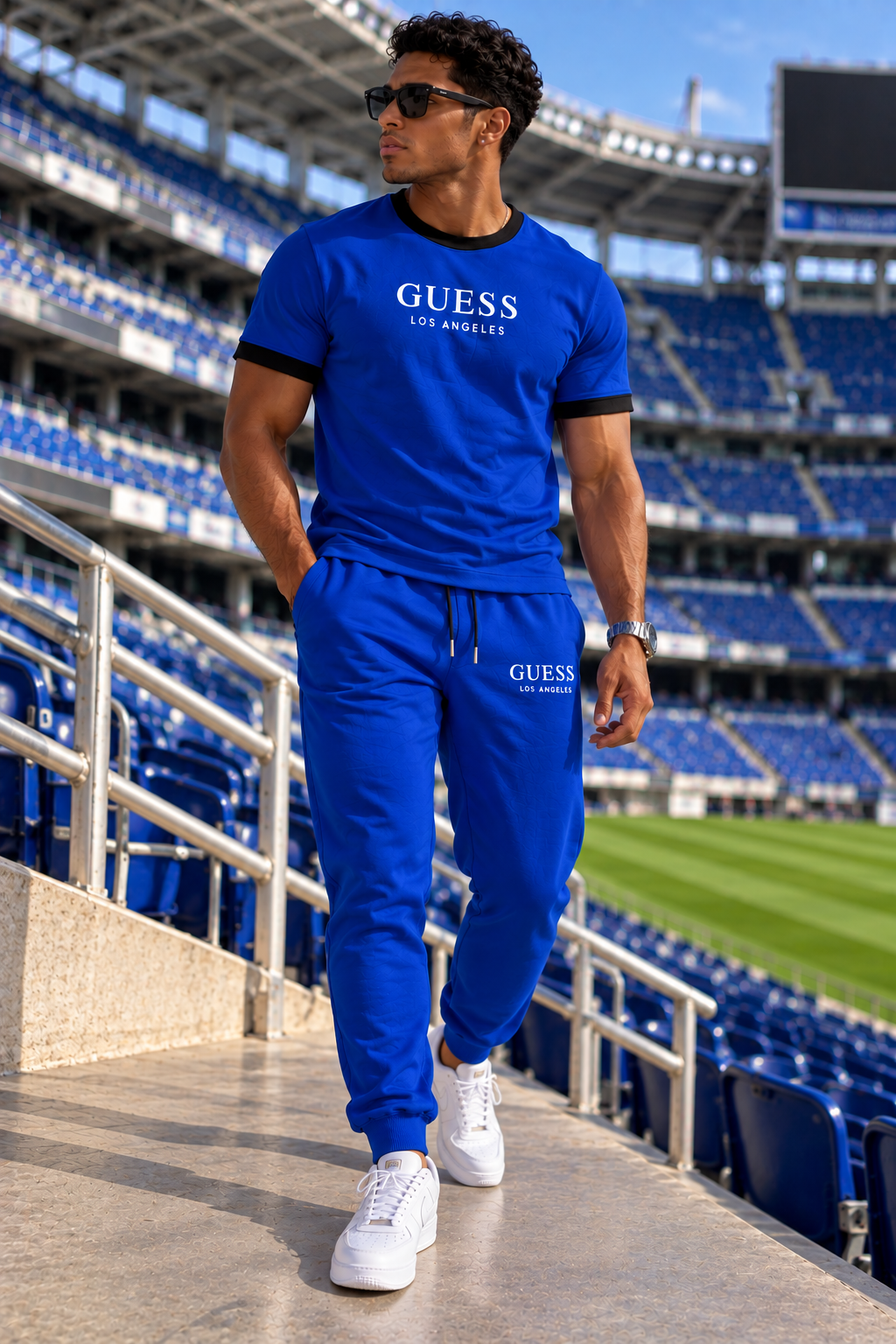 Conjunto para hombre con camiseta y pantalón jogger azul rey, camiseta con cuello y puños negros