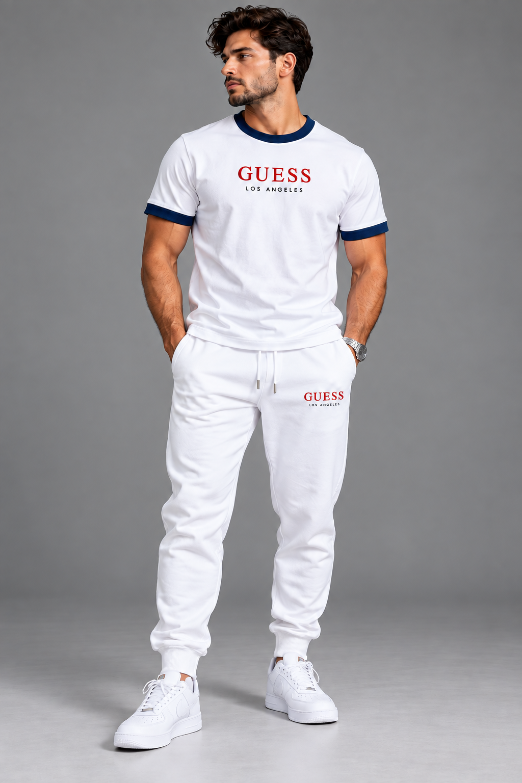 Conjunto para hombre con camiseta blanca de cuello azul oscuro y pantalón jogger blanco