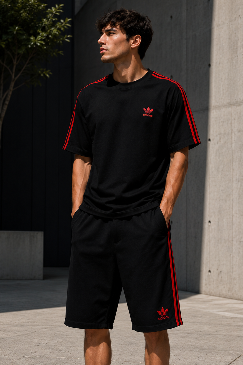 Conjunto corto hombre negro 3 rayas rojo JV1204 - Jovis