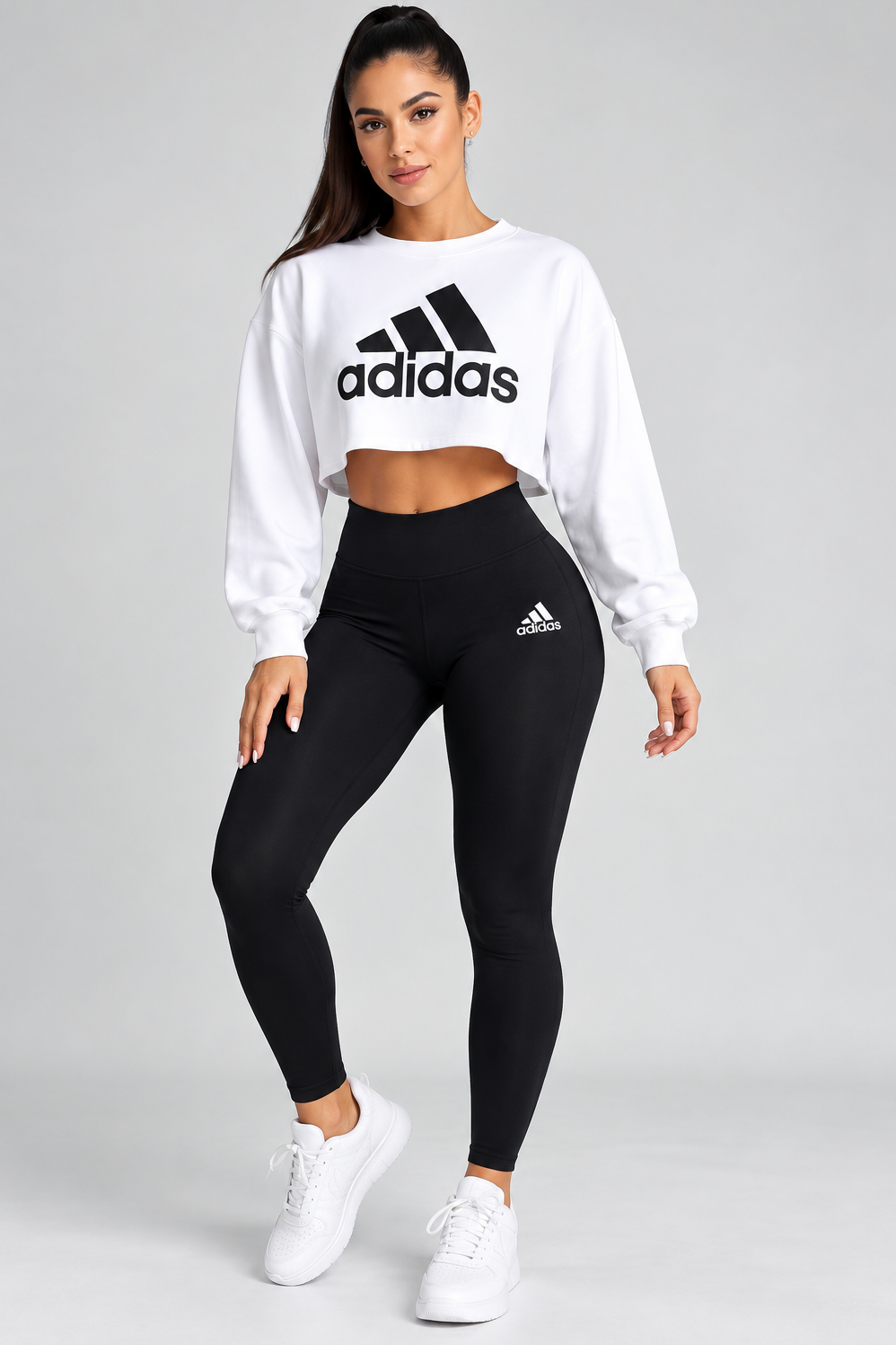 Conjunto dama sudadera crop blanca leggings negro logo negro JV1401 - Jovis