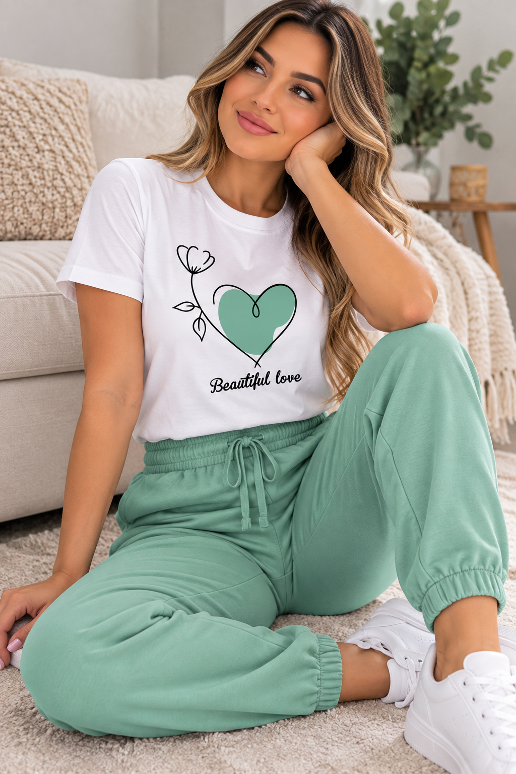 Conjunto de mujer con camiseta blanca estampada de corazón verde menta y flor y pantalón jogger verde menta con cordón y puños