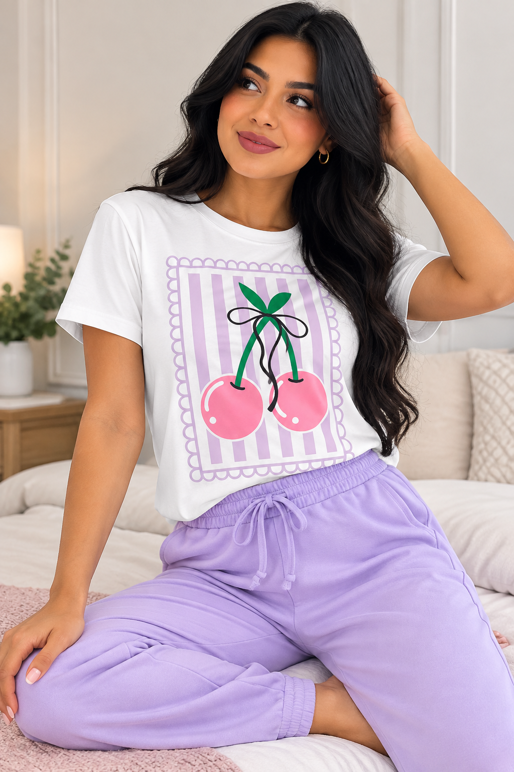 Conjunto de mujer con camiseta blanca estampada de cerezas rosadas y rayas lila y pantalón jogger lila con cordón