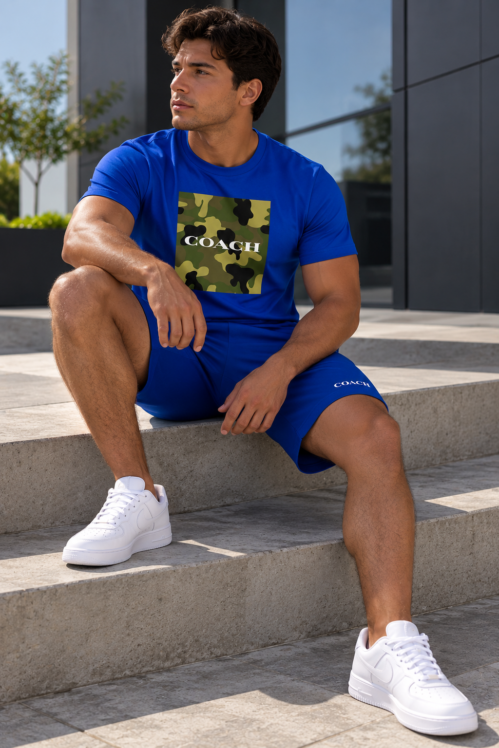 Conjunto para hombre con camiseta azul rey con estampado gráfico camuflado verde y short azul rey