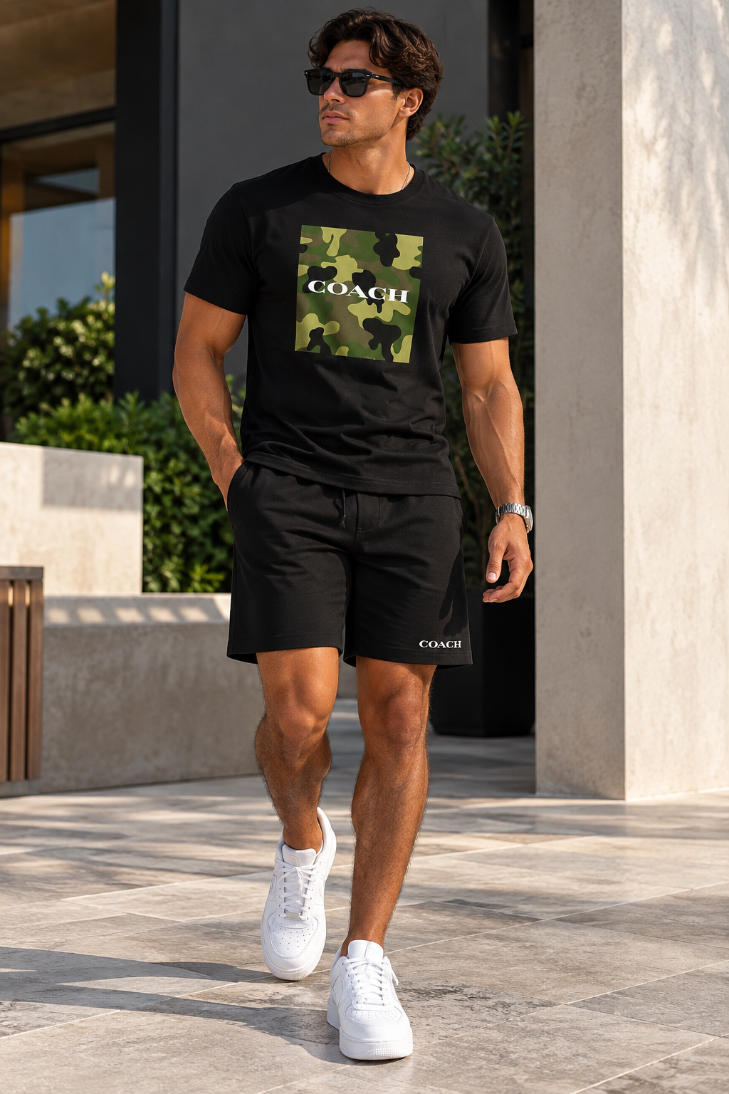 Conjunto para hombre con camiseta negra con estampado gráfico camuflado verde y short negro