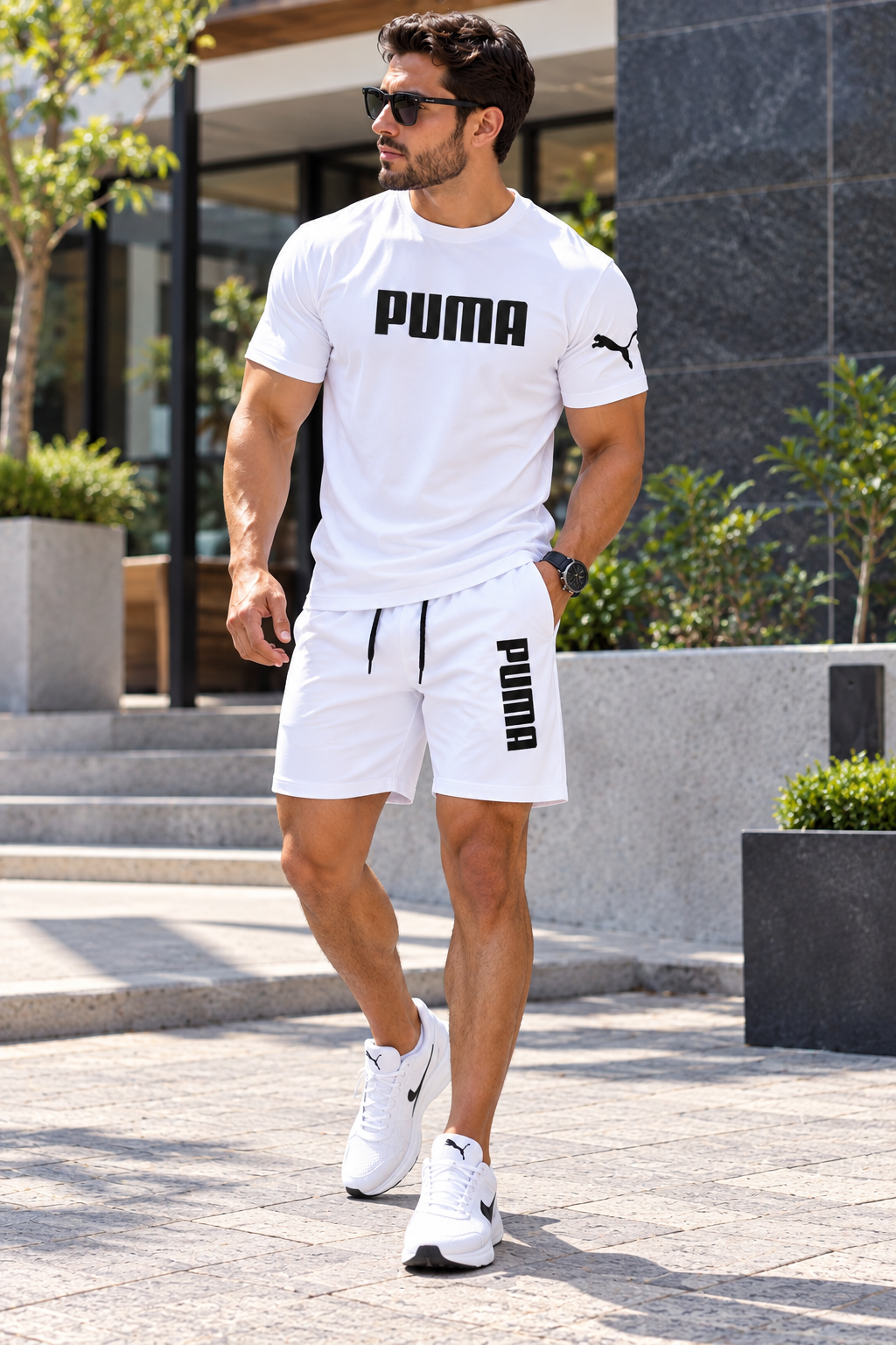 Conjunto corto para hombre blanco con estampados gráficos negros en camiseta y short