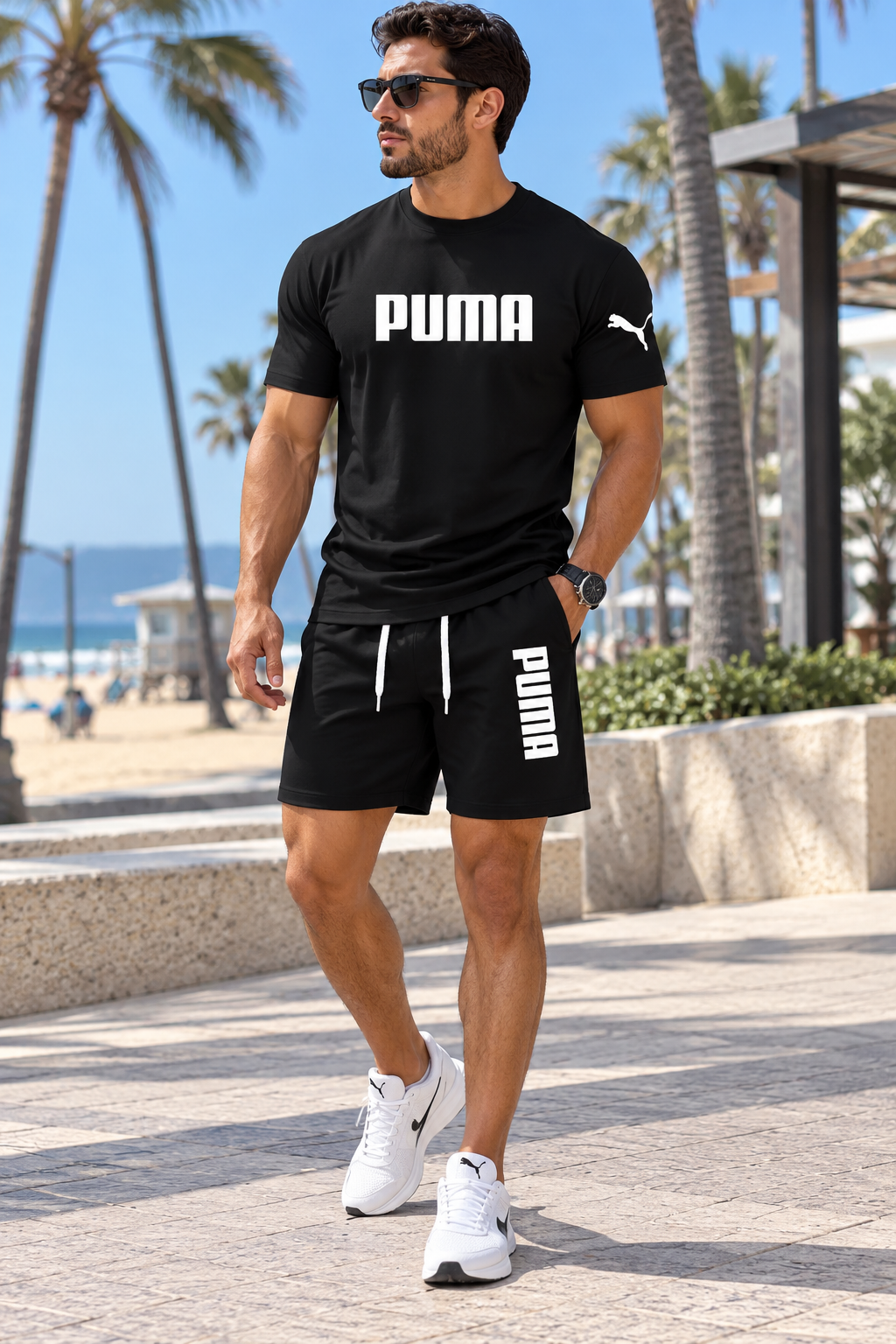 Conjunto corto para hombre negro con gráficos blancos en camiseta y short