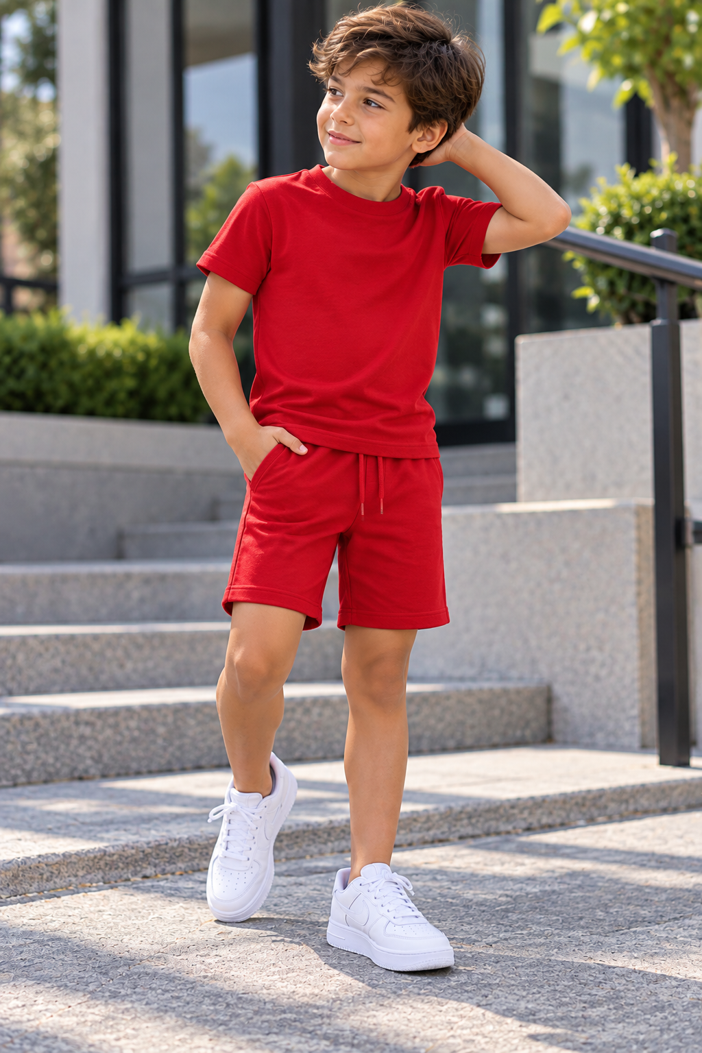 Conjunto infantil liso de camiseta y short en color rojo