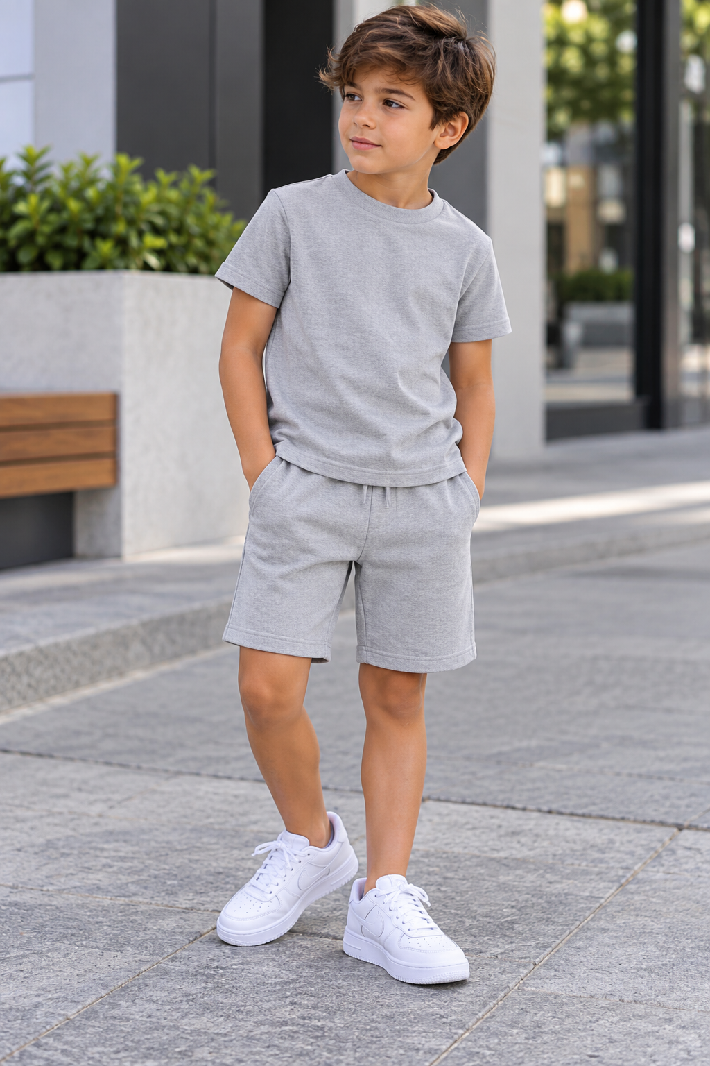 Conjunto infantil liso de camiseta y short en color gris claro