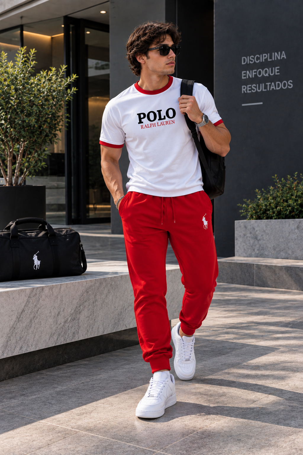 Conjunto largo hombre camiseta blanca ribete rojo jogger rojo logo blanco JV302 - Jovis
