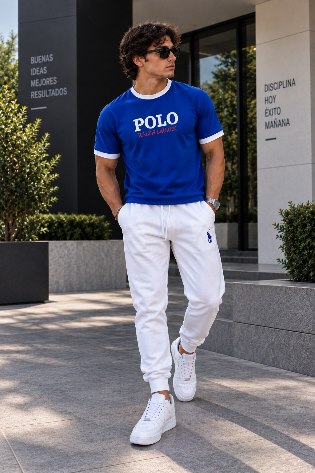 Conjunto largo hombre camiseta azul rey jogger blanco logo bordado JV303 - Jovis