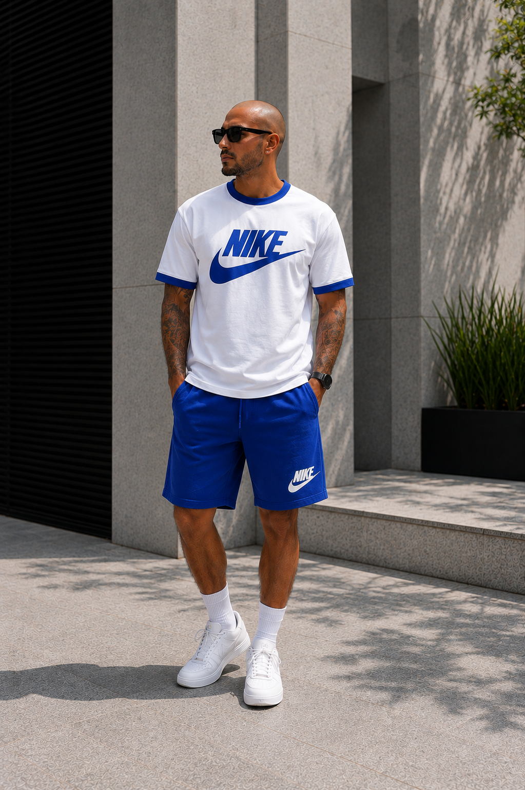 Conjunto corto caballero camiseta blanca logo azul rey short azul rey JV401 - Jovis