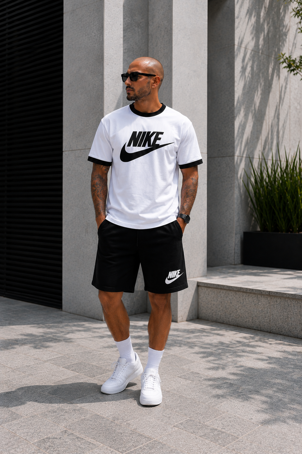 Conjunto corto caballero camiseta blanca logo negro short negro JV402 - Jovis