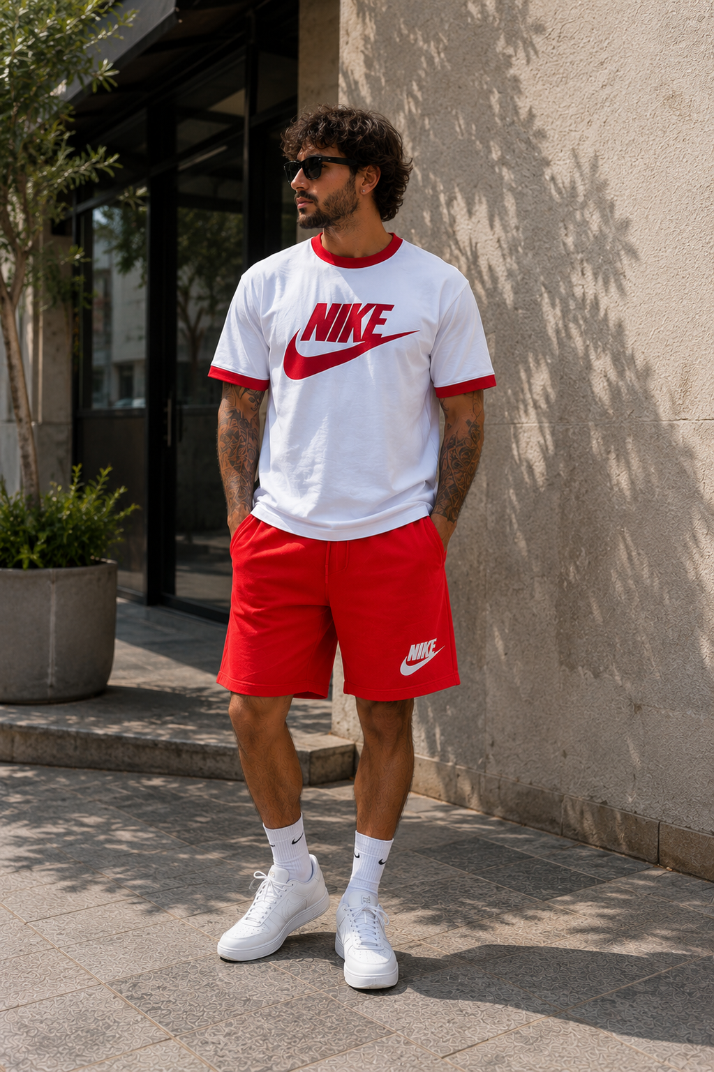 Conjunto corto caballero camiseta blanca logo rojo short rojo JV403 - Jovis