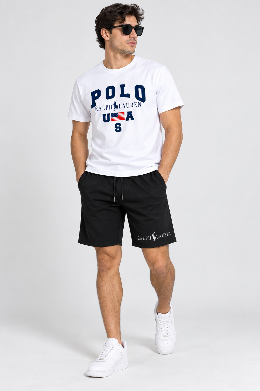 Conjunto corto caballero camiseta blanca estampado gráfico y short negro JV1901 - Jovis