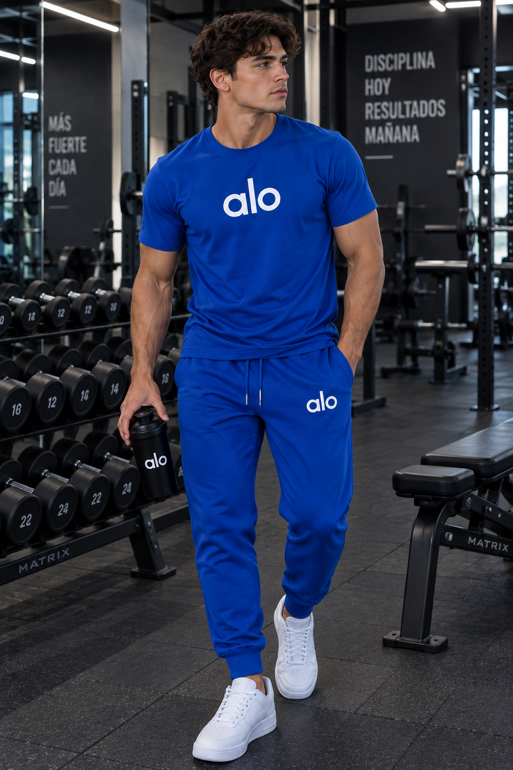 Conjunto masculino azul rey con camiseta de manga corta y pantalón jogger