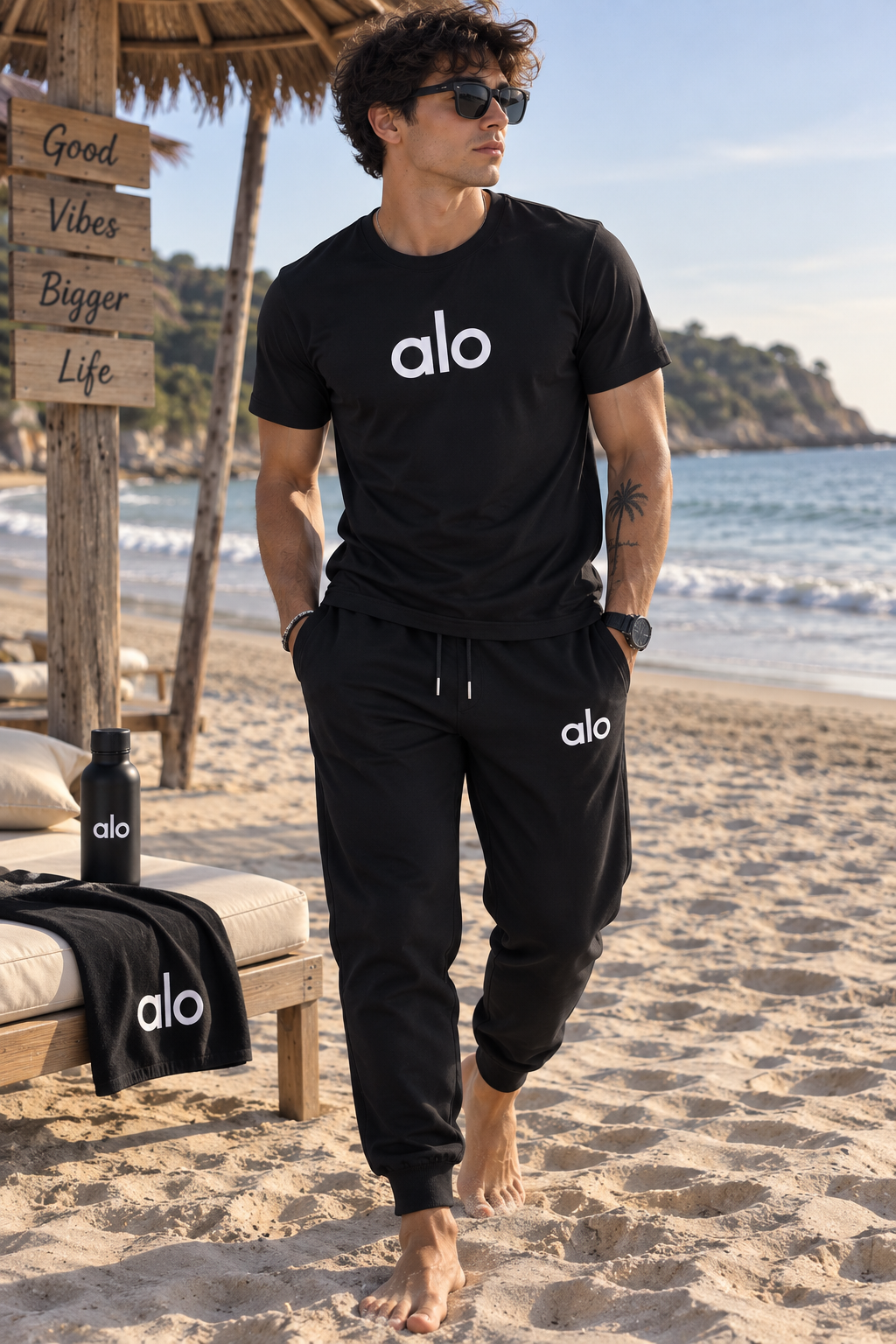 Conjunto masculino completamente negro con camiseta de manga corta y pantalón jogger