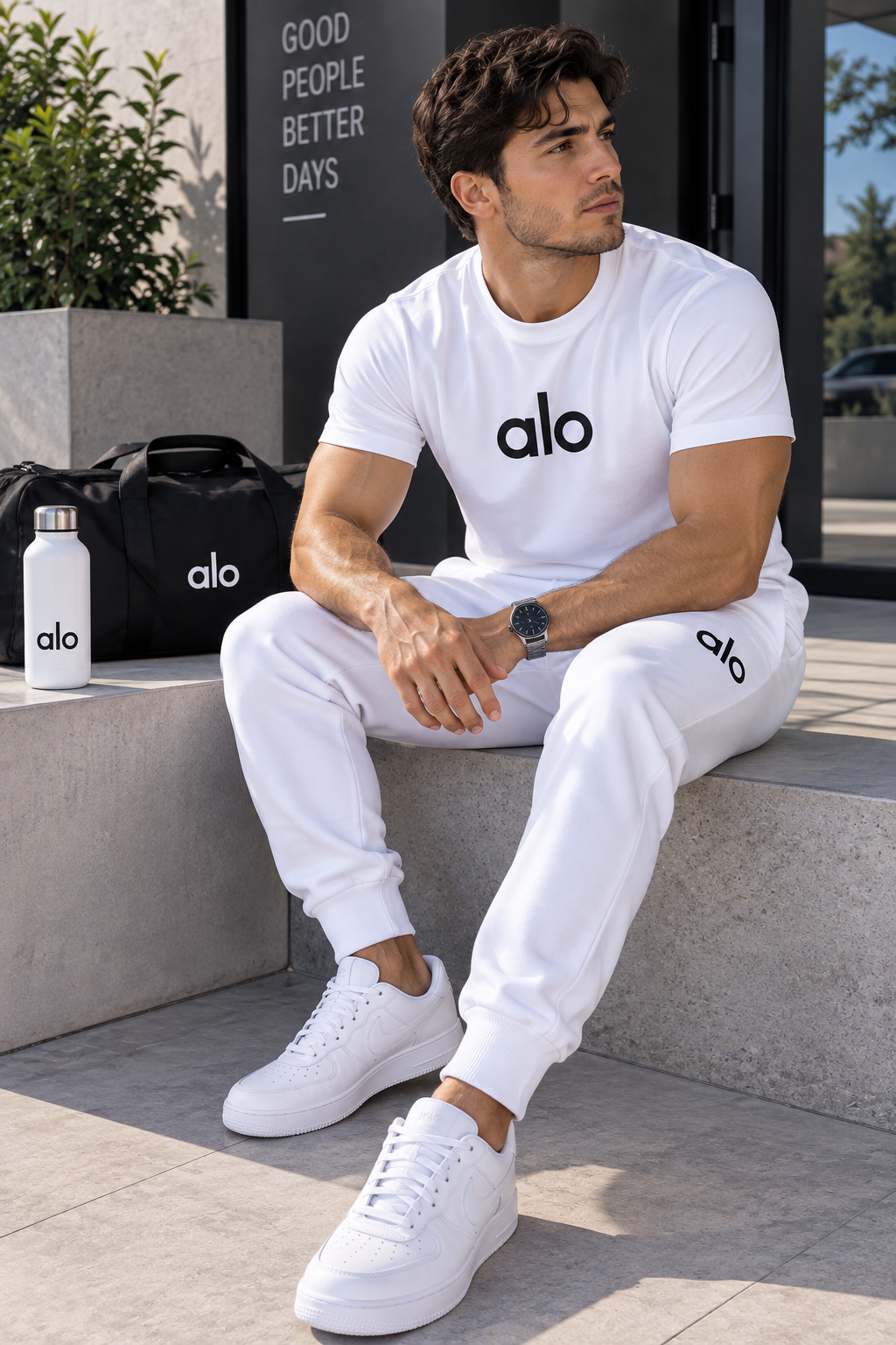 Conjunto masculino completamente blanco con camiseta de manga corta y pantalón jogger