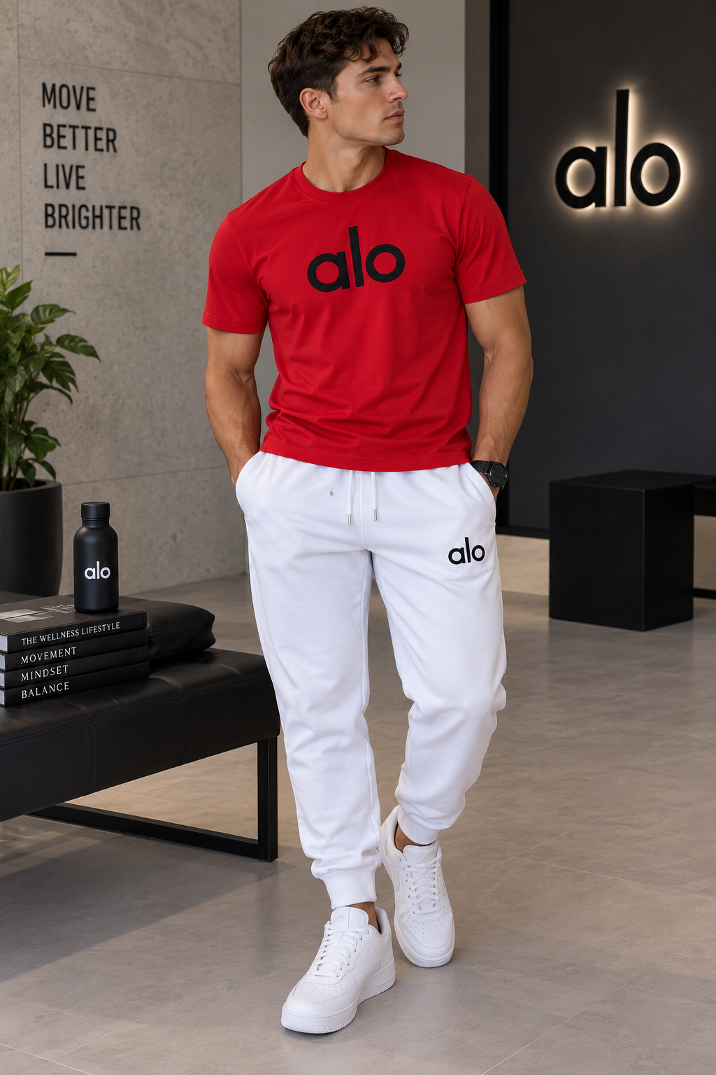 Conjunto masculino con camiseta roja de manga corta y pantalón jogger blanco