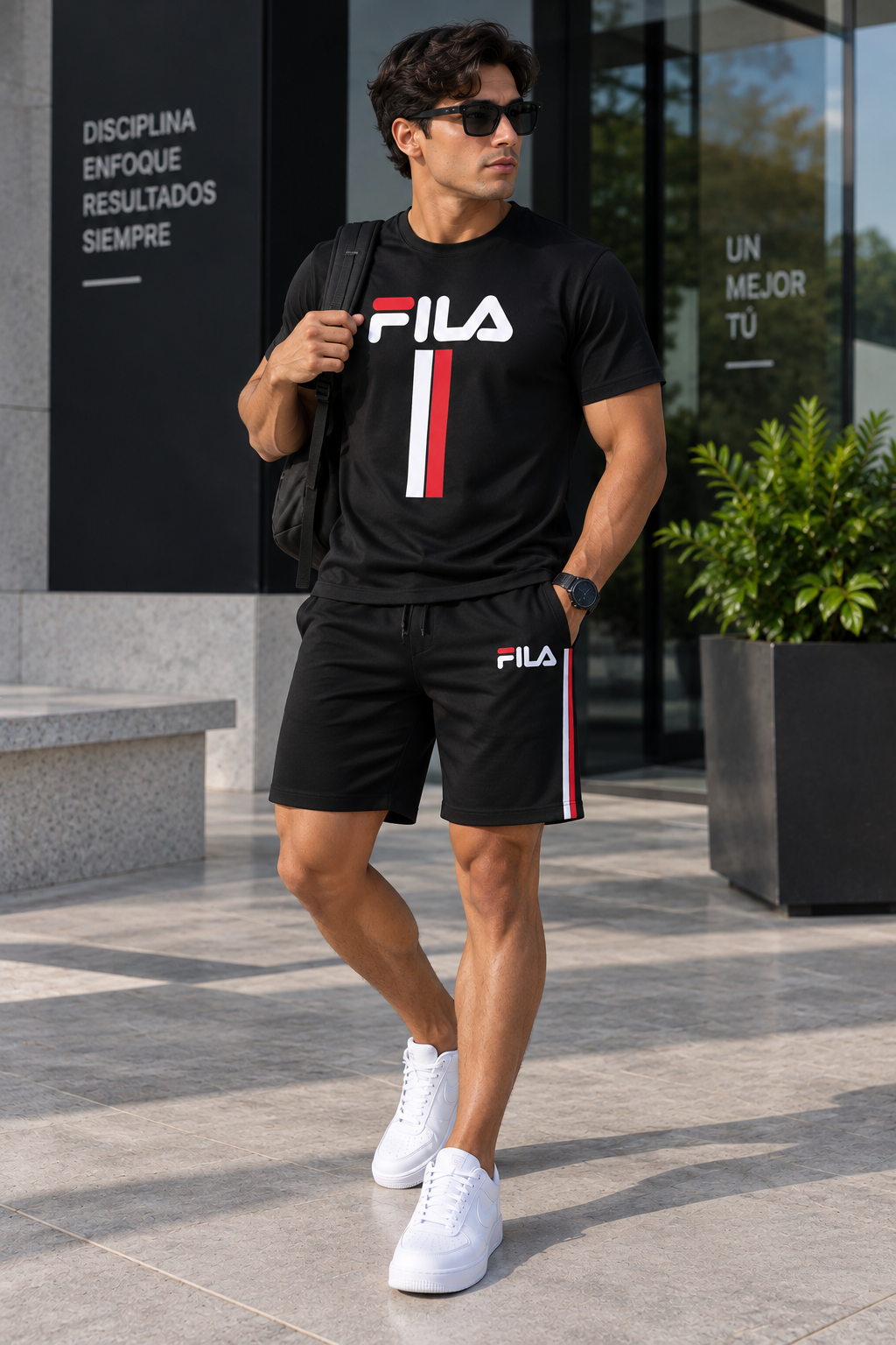 Conjunto corto hombre deportivo negro logo tricolor JV7002 - Jovis