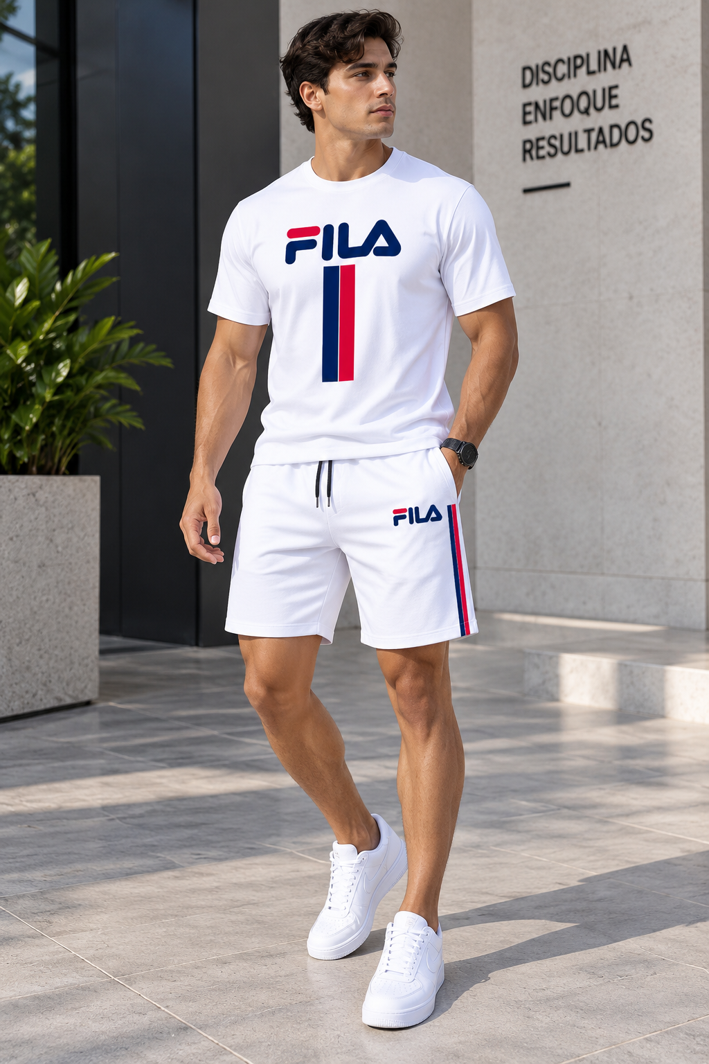 Conjunto corto hombre deportivo blanco logo tricolor azul rojo JV7003 - Jovis