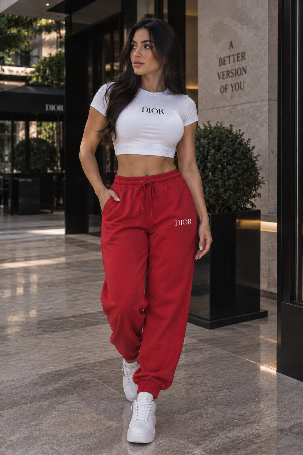 Conjunto para mujer con blusa corta blanca y pantalón jogger rojo