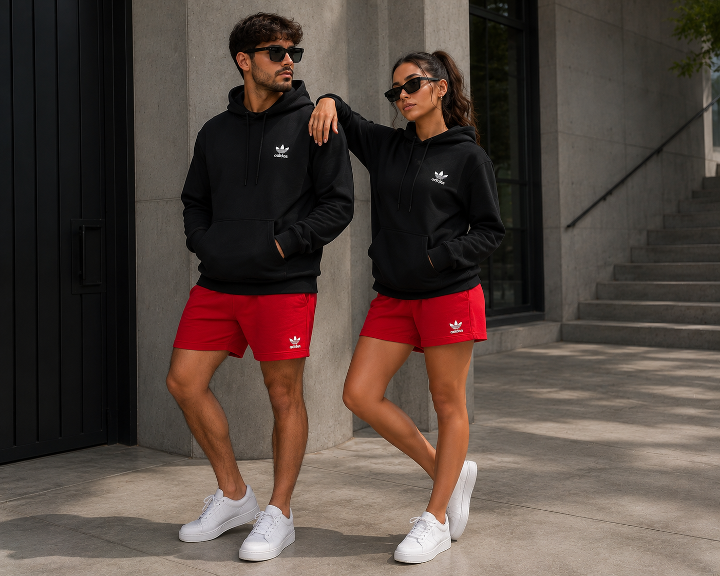 Conjunto buso negro y short rojo pareja logo blanco JV902 - Jovis