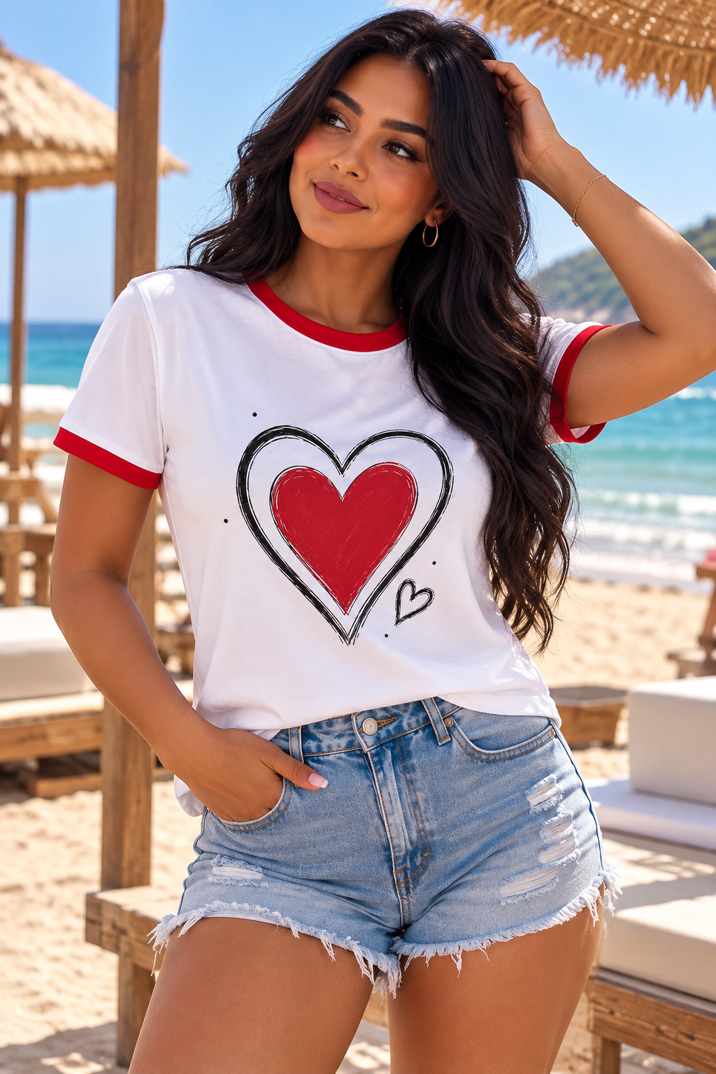 Camiseta blanca de mujer con corazón rojo delineado en negro y ribetes rojos en cuello y mangas