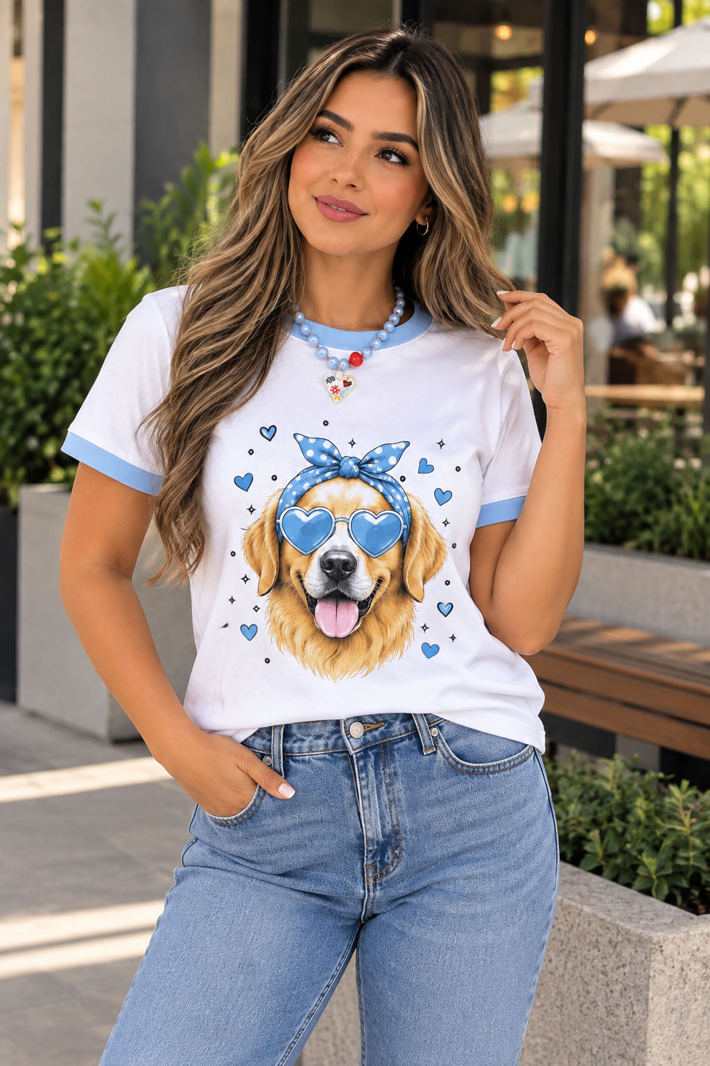 Camiseta blanca de mujer con perro estampado, gafas de corazón, lazo azul y ribetes azul claro en cuello y mangas