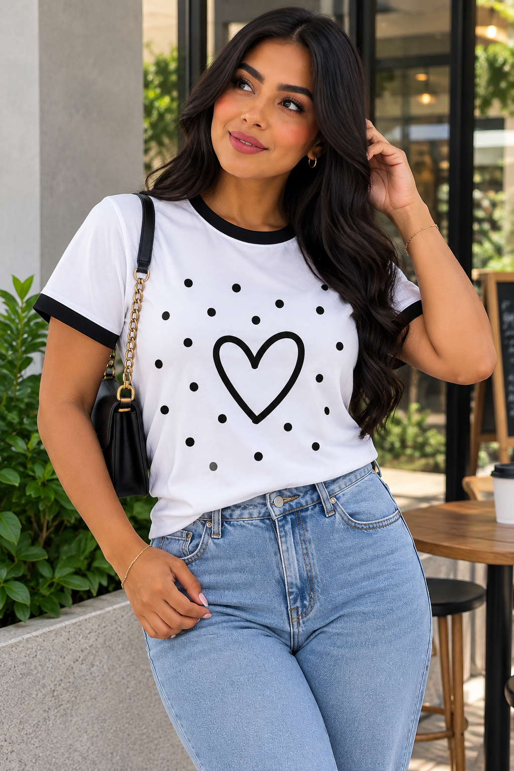 Camiseta blanca de mujer con corazón negro delineado, lunares y ribetes negros en cuello y mangas