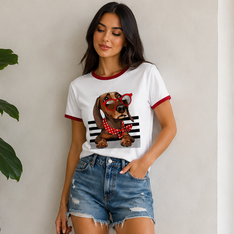 Camiseta dama sesgo rojo estampado perro salchicha JV005 - Jovis