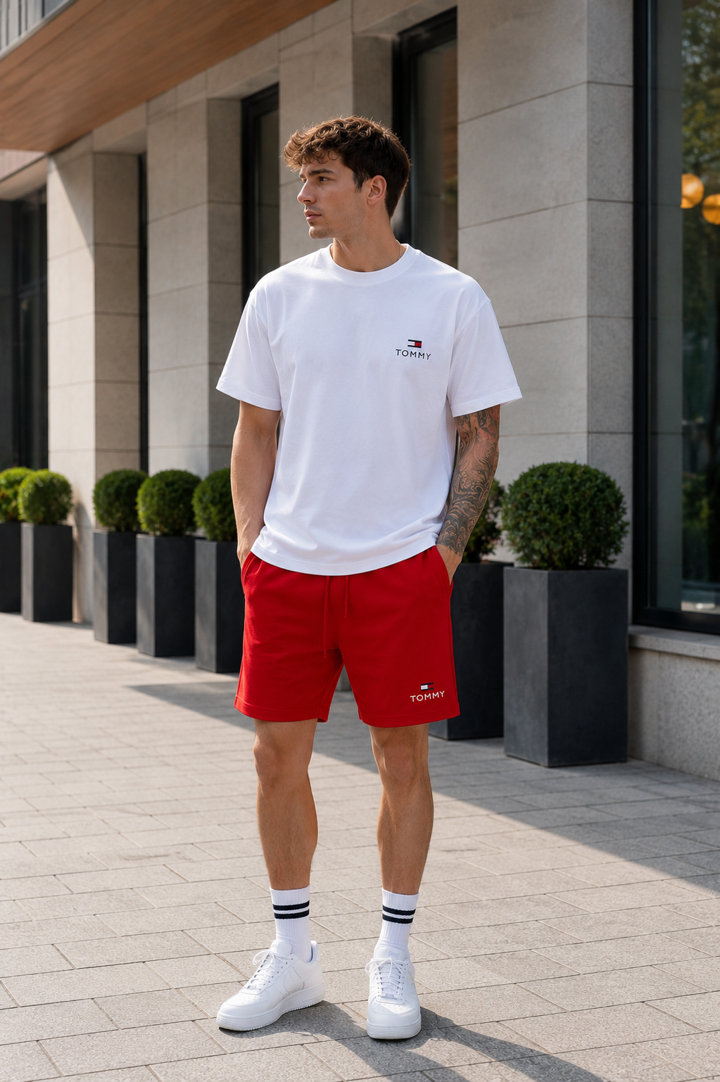 Conjunto corto para hombre con camiseta blanca de manga corta y short rojo