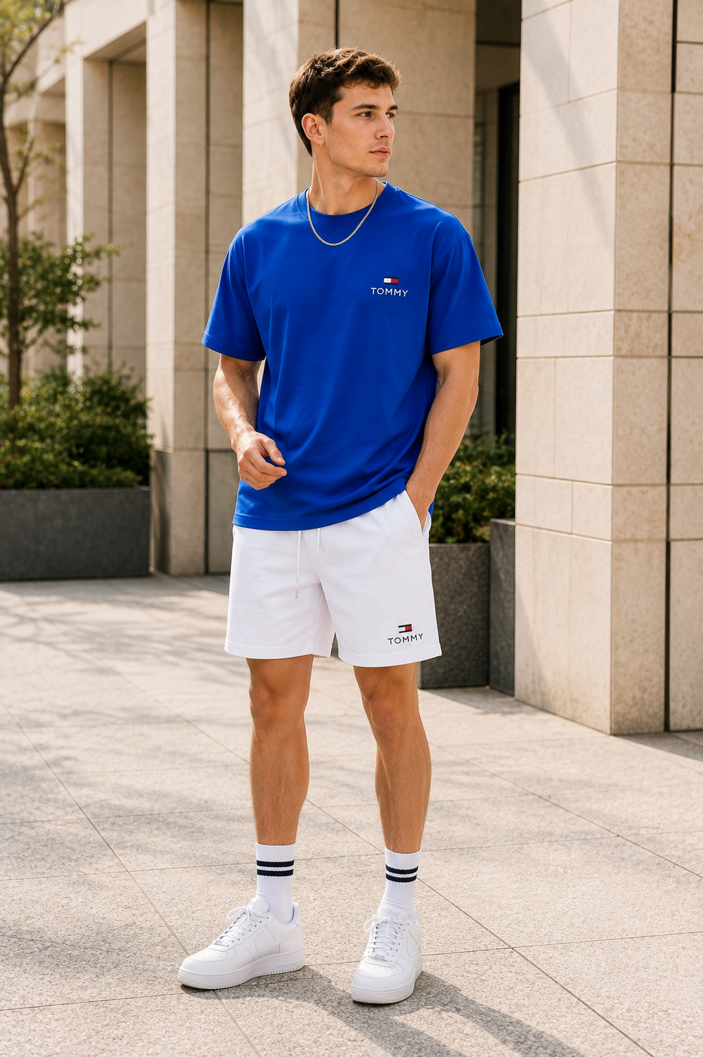 Conjunto corto para hombre con camiseta azul rey de manga corta y short blanco