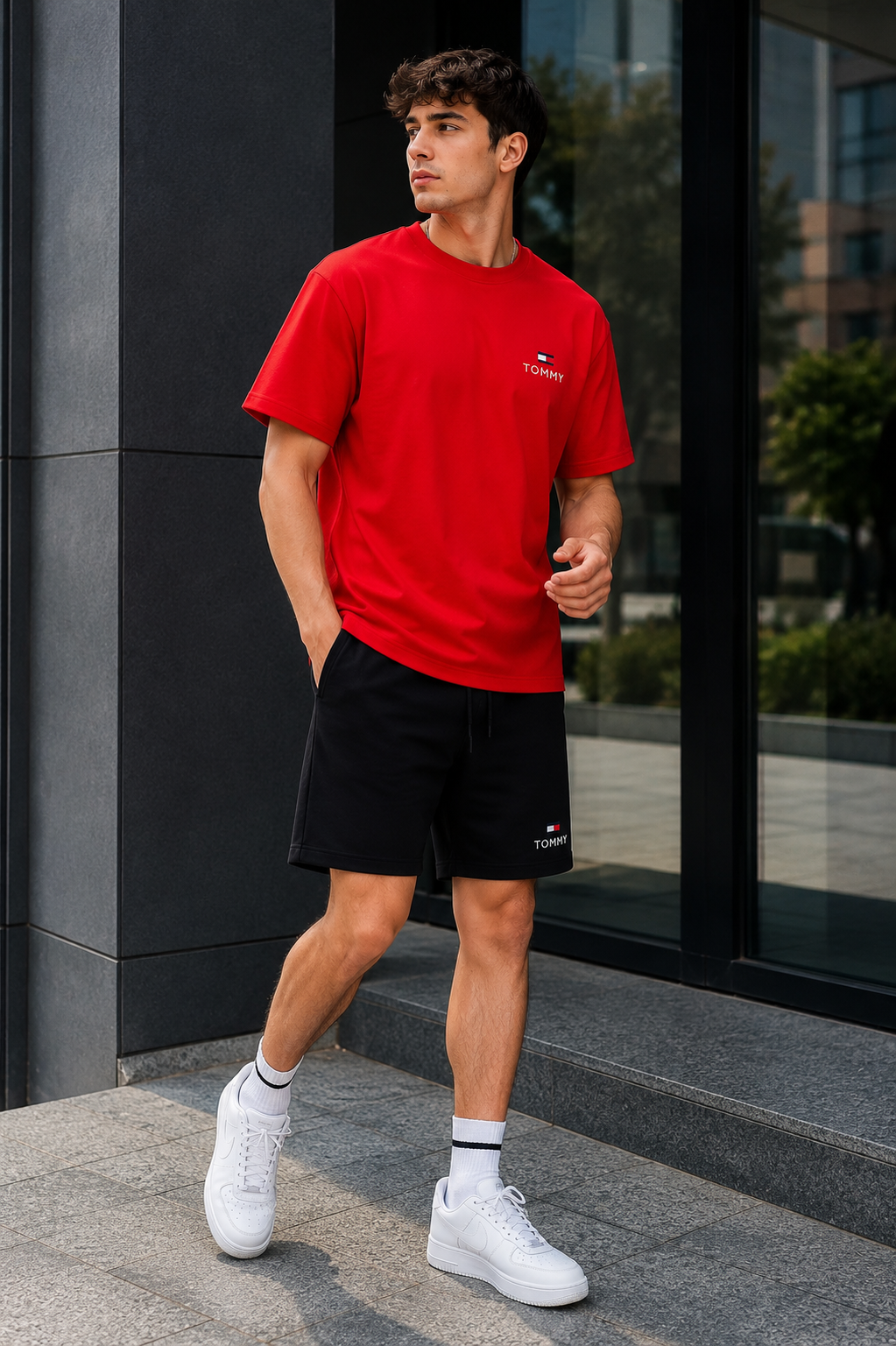 Conjunto corto para hombre con camiseta roja de manga corta y short negro