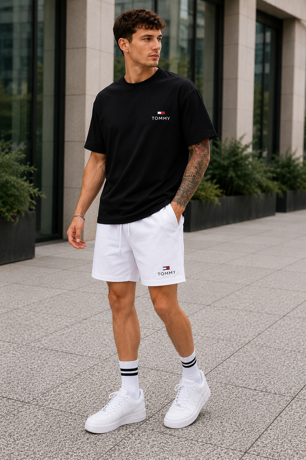 Conjunto corto para hombre con camiseta negra de manga corta y short blanco