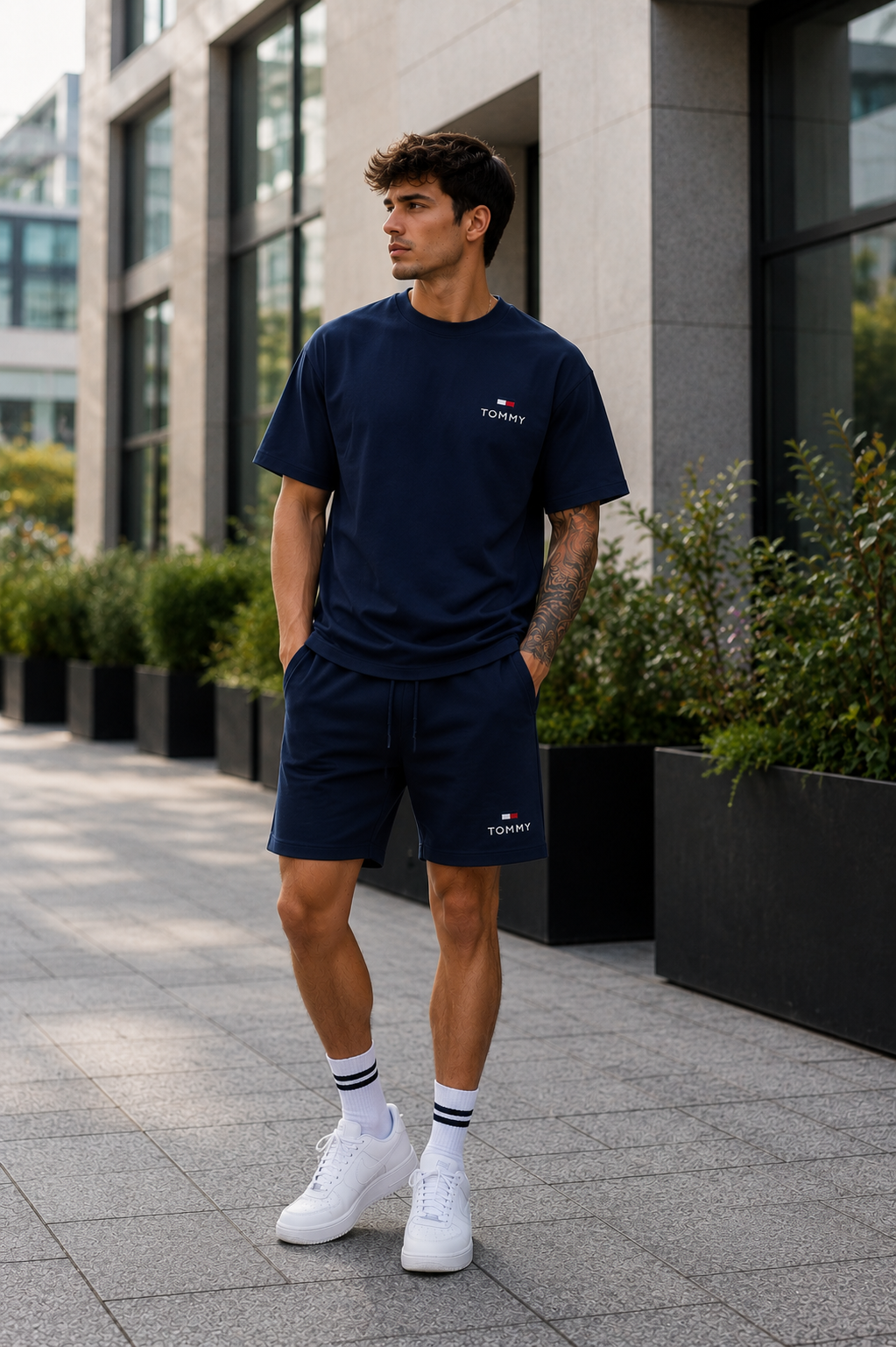 Conjunto corto para hombre azul marino con camiseta de manga corta y short a juego