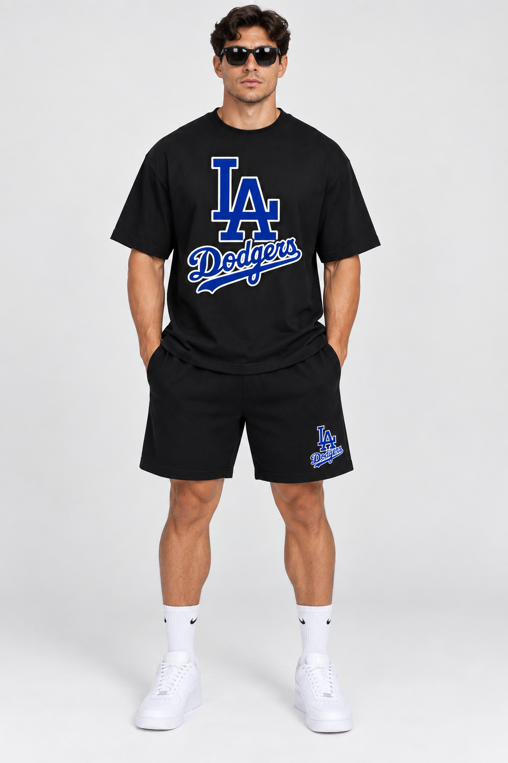 Conjunto corto hombre negro estampado béisbol urbano azul rey JV707 - Jovis