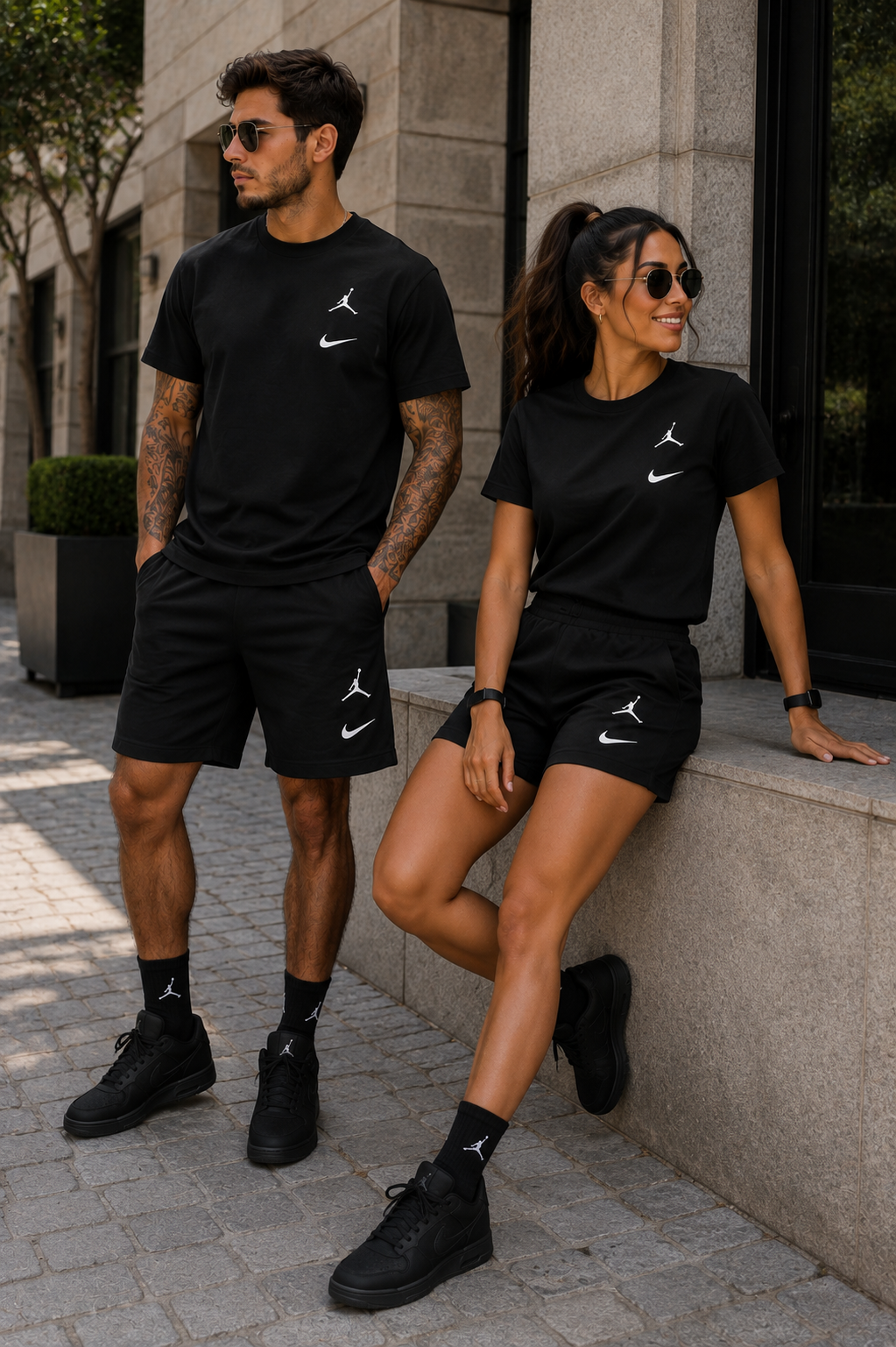 Conjunto camiseta y short pareja negro logos blancos total black JOV901 - Jovis