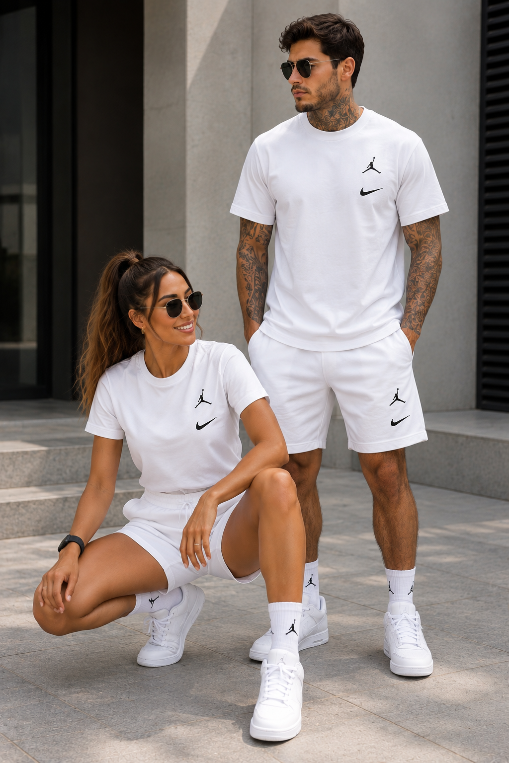 Conjunto camiseta y short pareja blanco logos negros total white JOV902 - Jovis