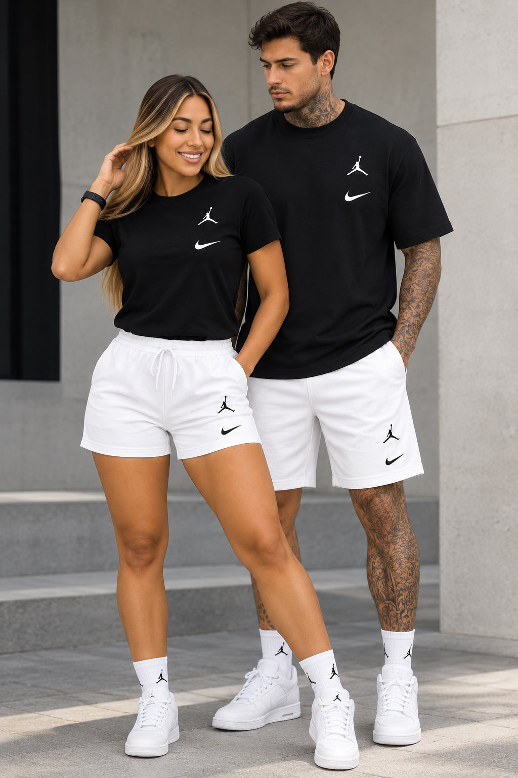 Conjunto camiseta negra y short blanco pareja logos bicolor JOV903 - Jovis