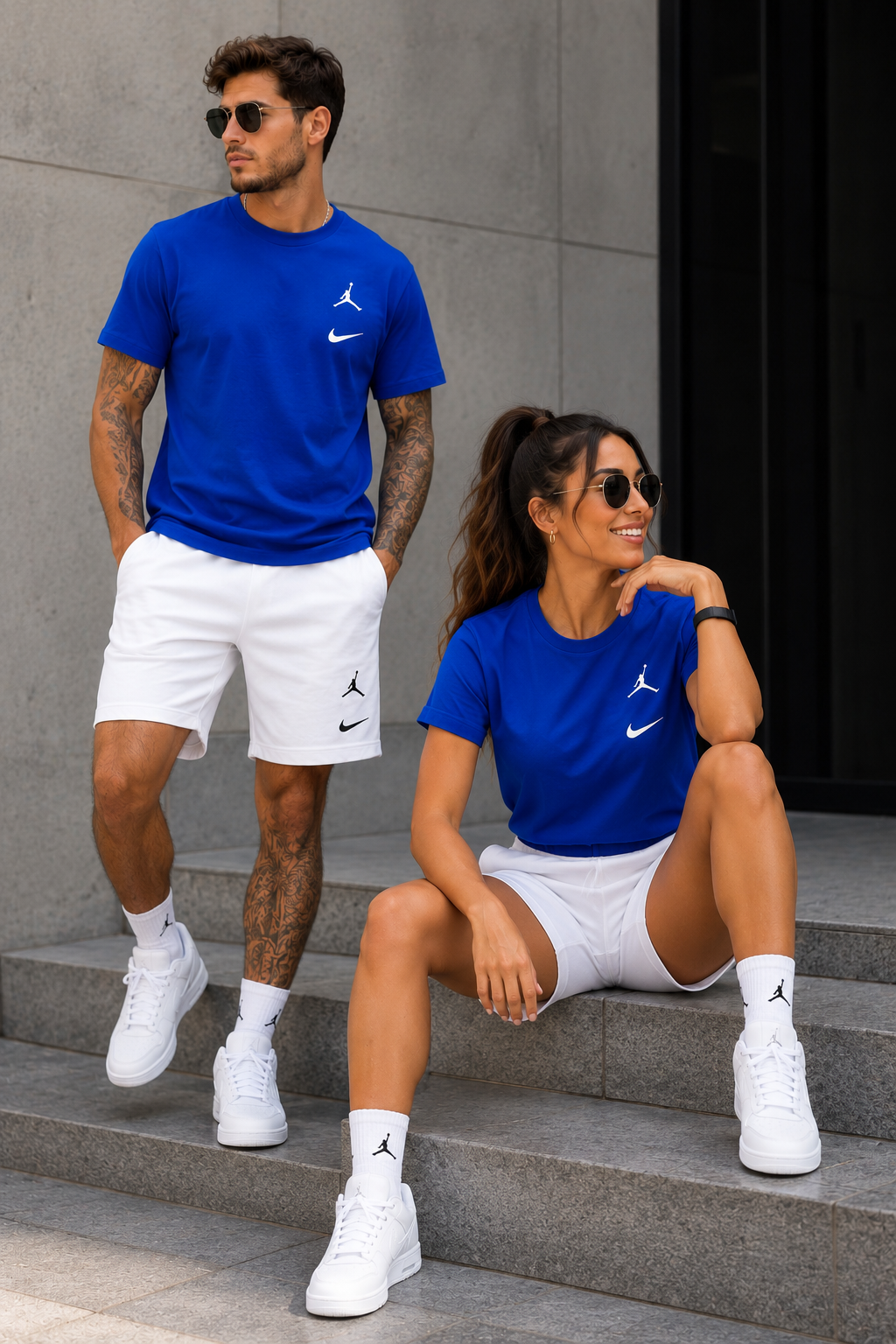 Conjunto camiseta azul rey y short blanco pareja logos bicolor JOV904 - Jovis