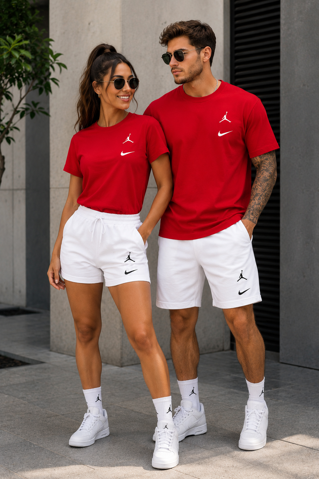 Conjunto camiseta roja y short blanco pareja logos bicolor JOV905 - Jovis