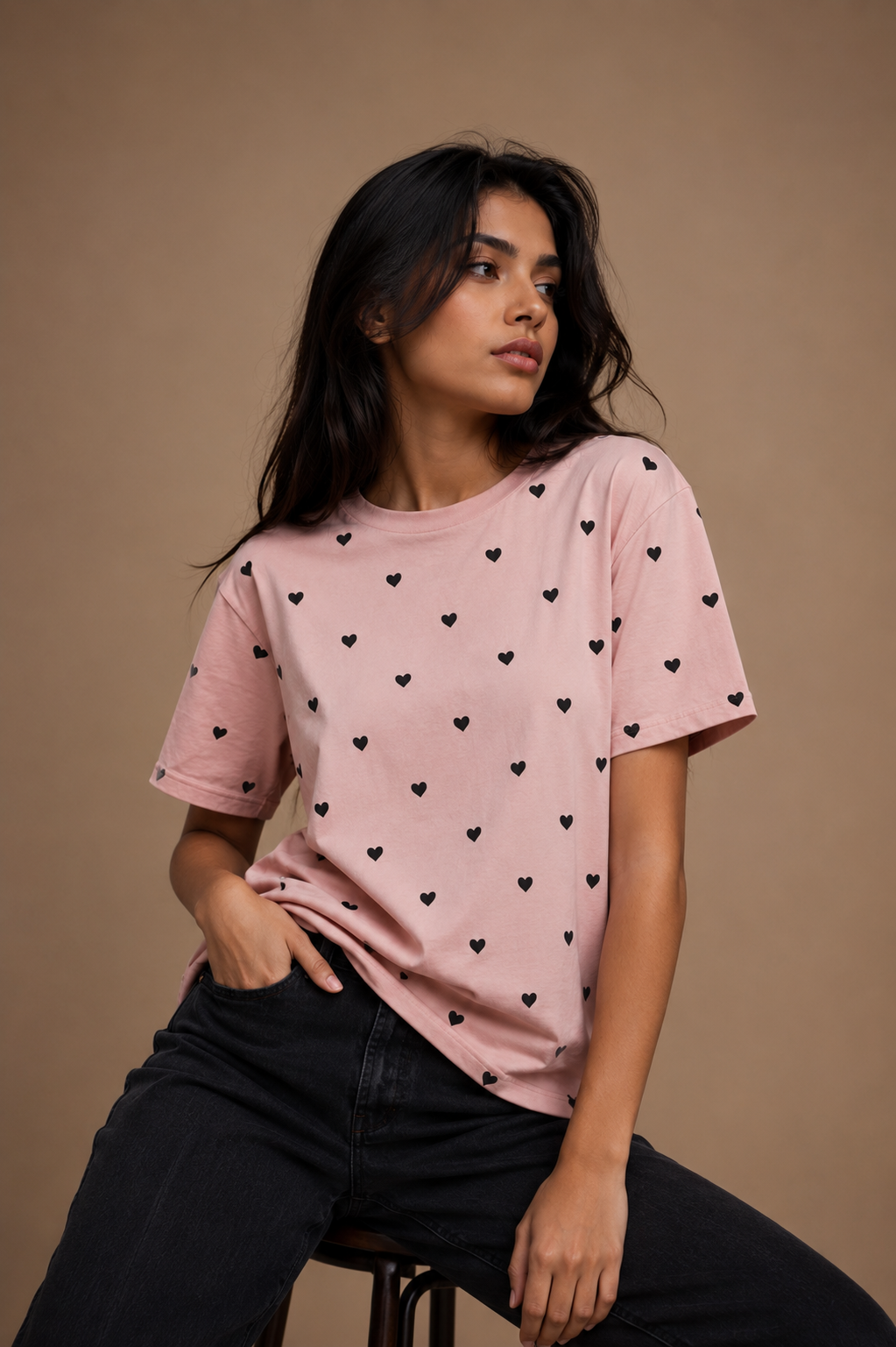 Camiseta básica dama rosa palo corazones negros JV503 - Jovis