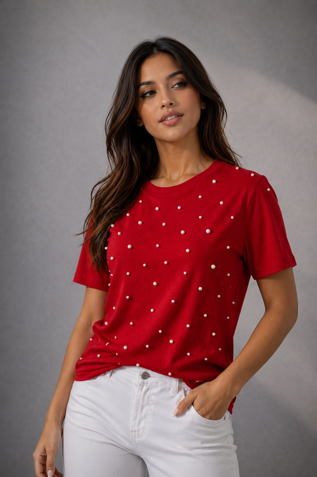 Camiseta básica dama roja con perlas JV201 - Jovis