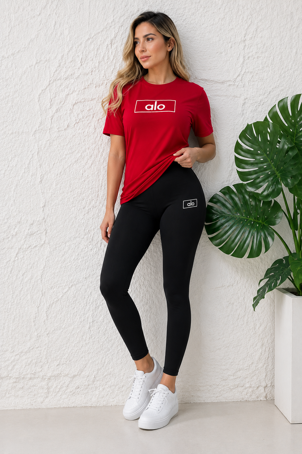 Conjunto largo dama camiseta roja logo blanco leggings negro JV948 - Jovis
