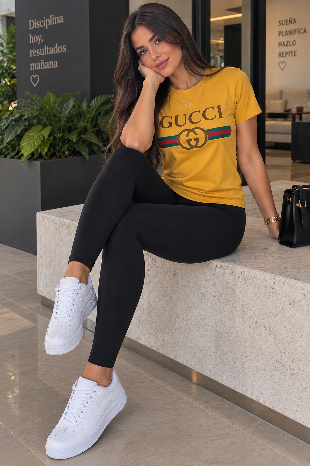 Conjunto largo dama camiseta mostaza logo dorado leggings negro JV952 - Jovis